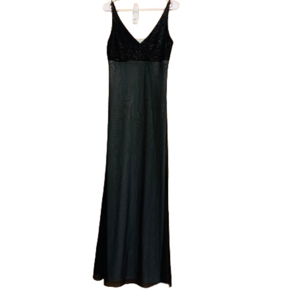 Warren Petites Women’s Black Mesh Beaded Long Formal Dress Sz-10